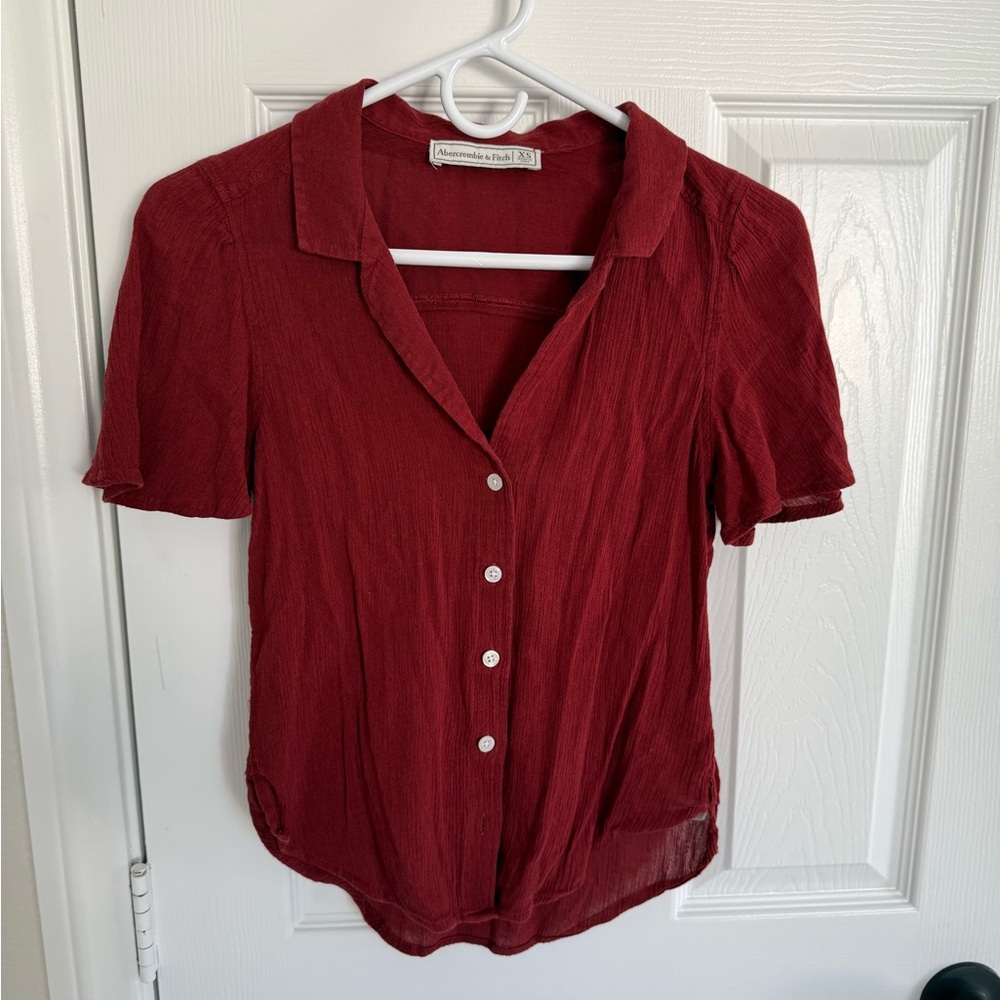 Abercrombie & Fitch Short Sleeve Button-Front Top - Burgundy